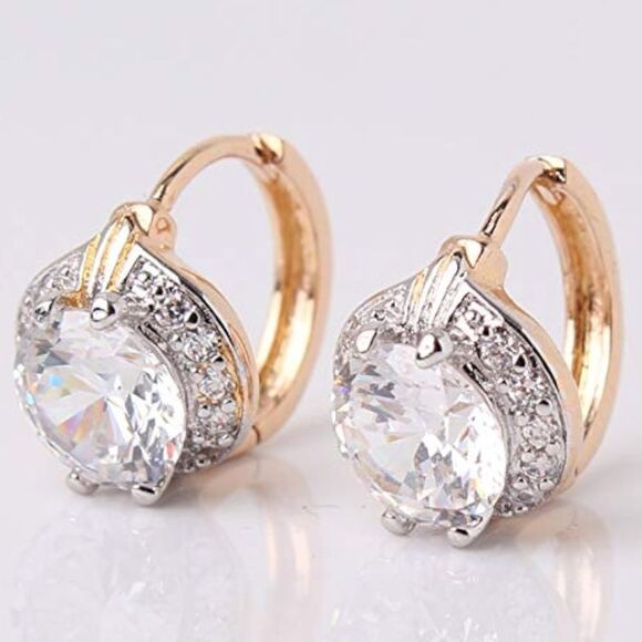 14K Yellow Gold with White Diamond Cubic Zirconia Halo Huggie Hoop Drop Earrings - Picture 2 of 13